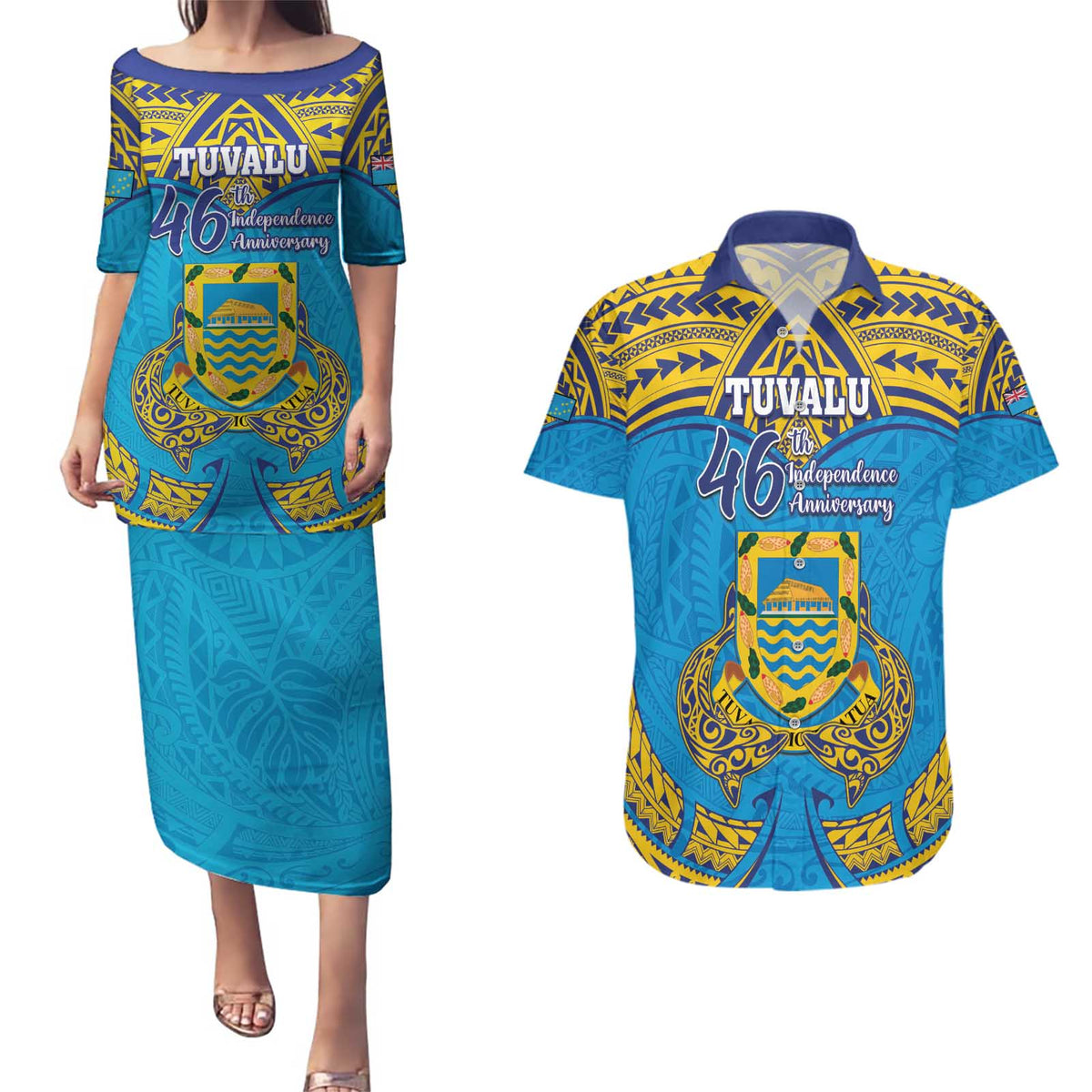 Personalised Tuvalu Independence Day Couples Matching Puletasi and Hawaiian Shirt Coat Of Arms With Polynesian Dolphin Tattoo LT05 Blue - Polynesian Pride
