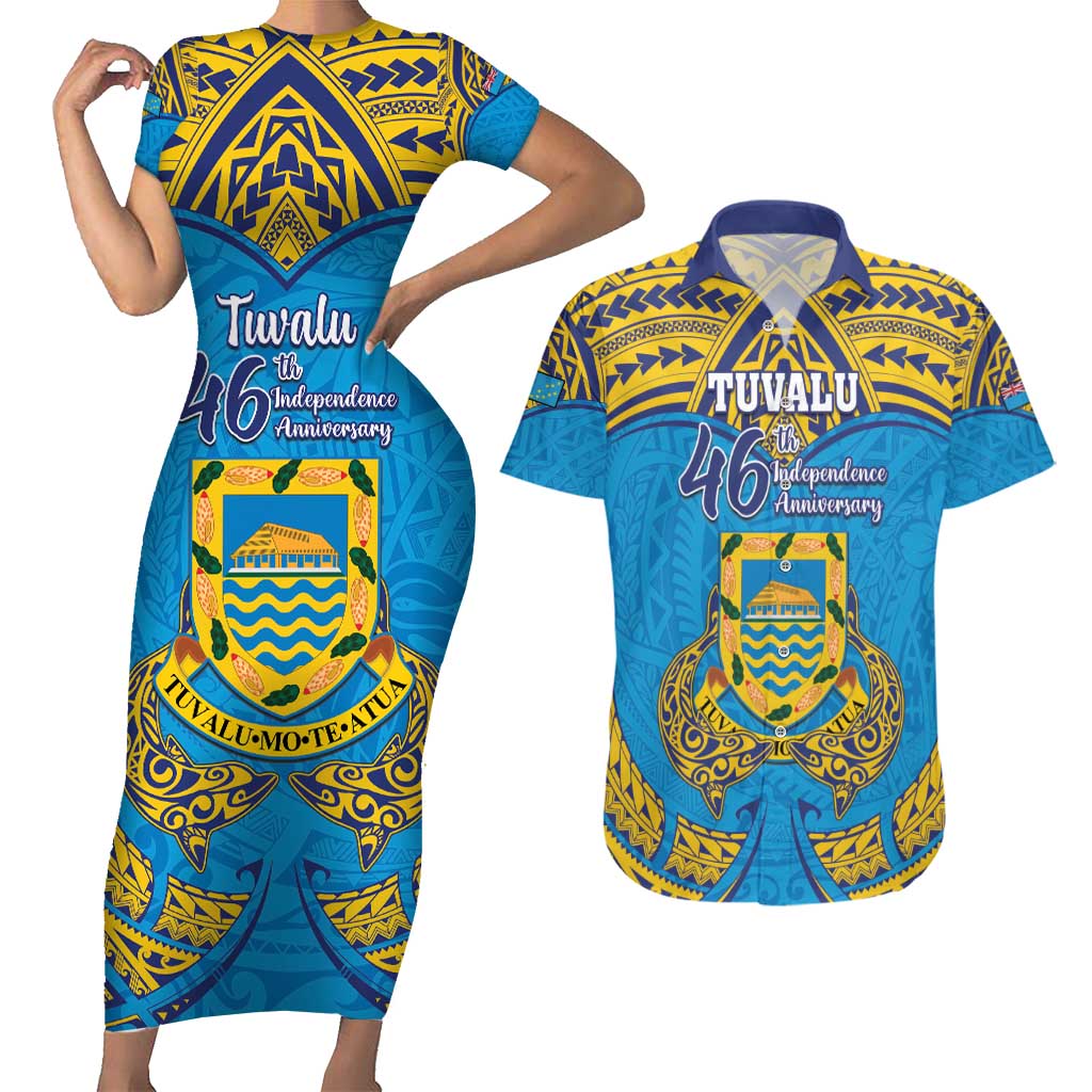 Personalised Tuvalu Independence Day Couples Matching Short Sleeve Bodycon Dress and Hawaiian Shirt Coat Of Arms With Polynesian Dolphin Tattoo LT05 Blue - Polynesian Pride