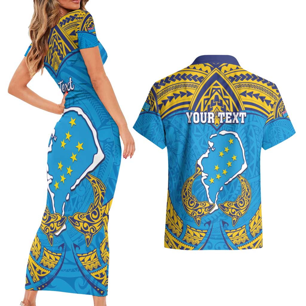 Personalised Tuvalu Independence Day Couples Matching Short Sleeve Bodycon Dress and Hawaiian Shirt Coat Of Arms With Polynesian Dolphin Tattoo LT05 - Polynesian Pride