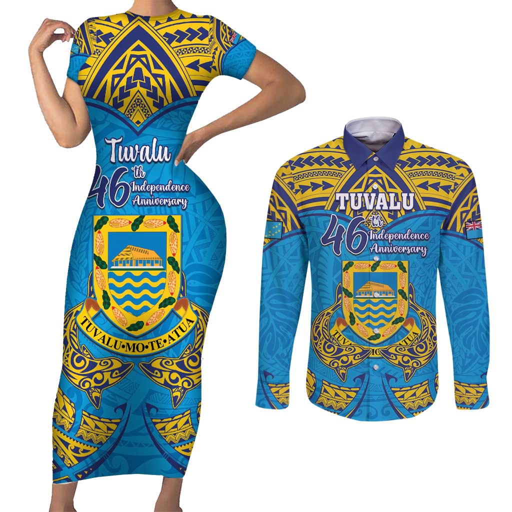 Personalised Tuvalu Independence Day Couples Matching Short Sleeve Bodycon Dress and Long Sleeve Button Shirt Coat Of Arms With Polynesian Dolphin Tattoo LT05 Blue - Polynesian Pride
