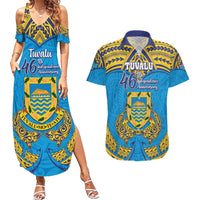 Personalised Tuvalu Independence Day Couples Matching Summer Maxi Dress and Hawaiian Shirt Coat Of Arms With Polynesian Dolphin Tattoo LT05 Blue - Polynesian Pride