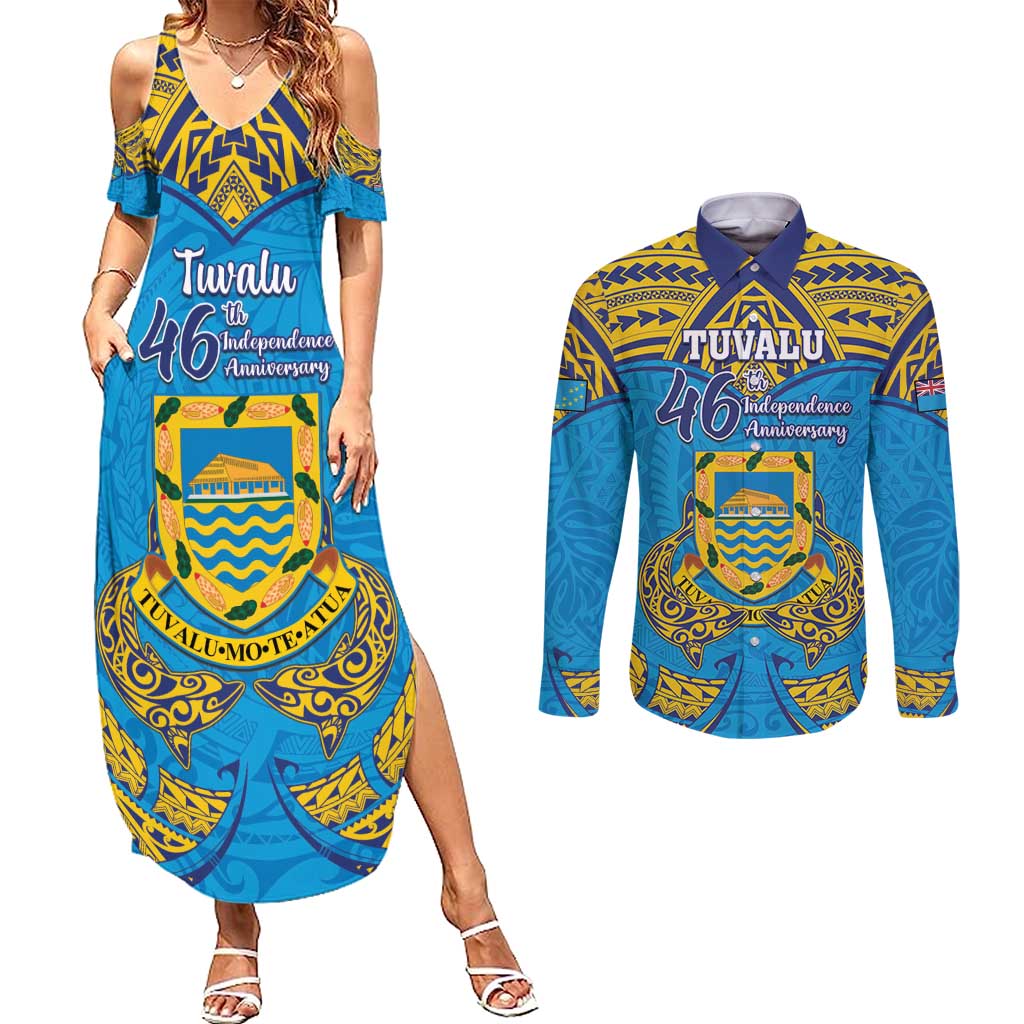 Personalised Tuvalu Independence Day Couples Matching Summer Maxi Dress and Long Sleeve Button Shirt Coat Of Arms With Polynesian Dolphin Tattoo LT05 Blue - Polynesian Pride