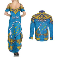 Personalised Tuvalu Independence Day Couples Matching Summer Maxi Dress and Long Sleeve Button Shirt Coat Of Arms With Polynesian Dolphin Tattoo LT05 - Polynesian Pride