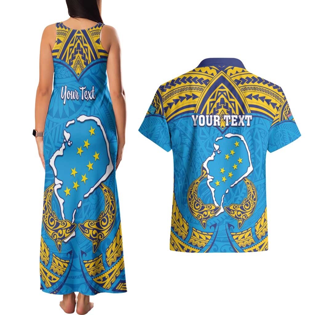 Personalised Tuvalu Independence Day Couples Matching Tank Maxi Dress and Hawaiian Shirt Coat Of Arms With Polynesian Dolphin Tattoo LT05 - Polynesian Pride