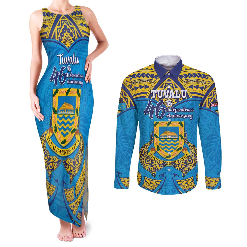 Personalised Tuvalu Independence Day Couples Matching Tank Maxi Dress and Long Sleeve Button Shirt Coat Of Arms With Polynesian Dolphin Tattoo LT05 Blue - Polynesian Pride