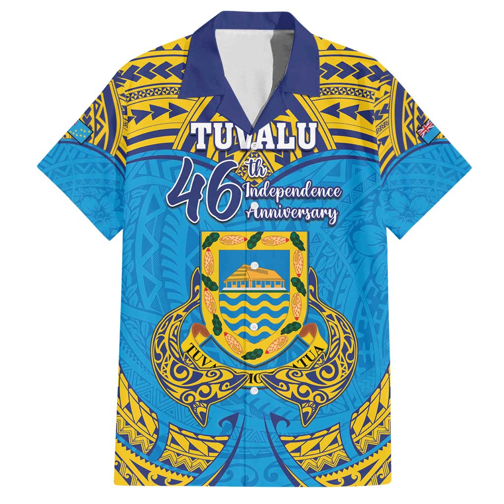 Personalised Tuvalu Independence Day Family Matching Long Sleeve Bodycon Dress and Hawaiian Shirt Coat Of Arms With Polynesian Dolphin Tattoo LT05 Dad's Shirt - Short Sleeve Blue - Polynesian Pride
