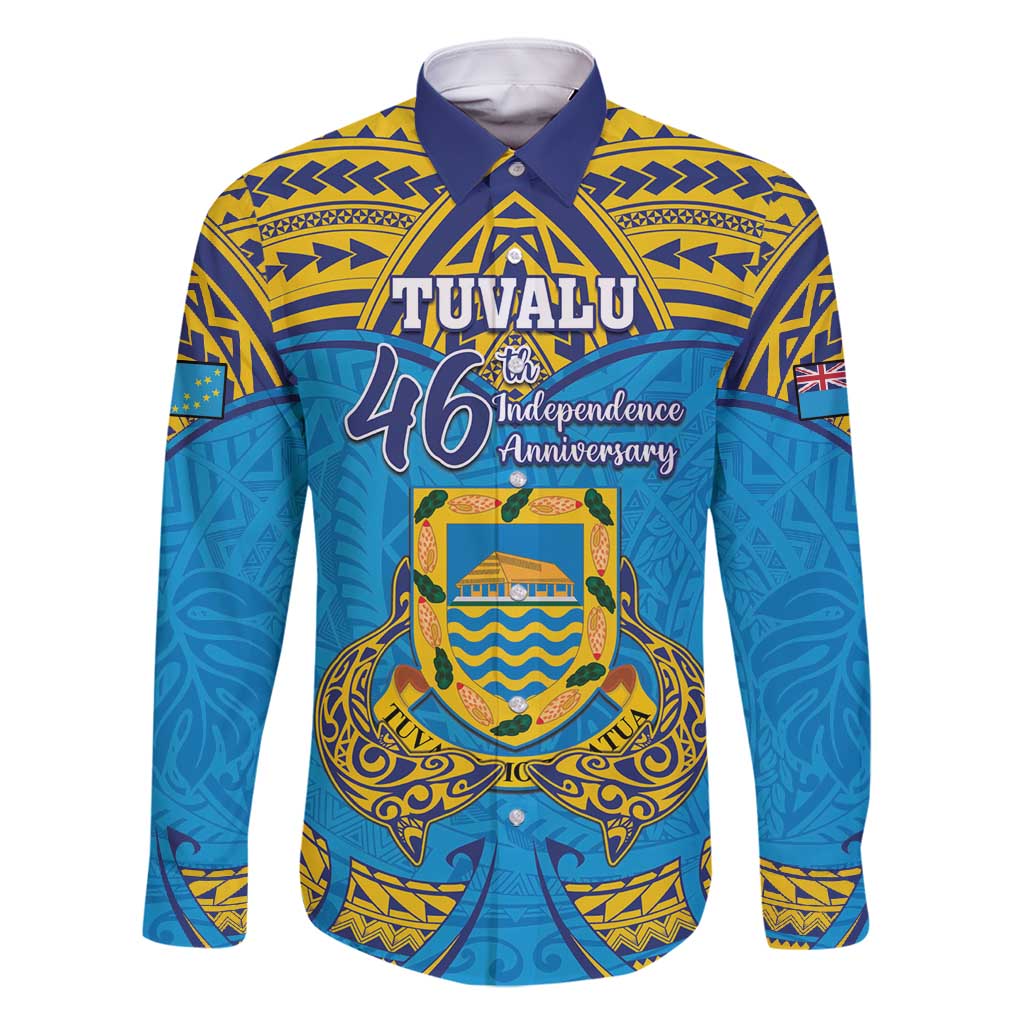 Personalised Tuvalu Independence Day Family Matching Long Sleeve Bodycon Dress and Hawaiian Shirt Coat Of Arms With Polynesian Dolphin Tattoo LT05 Dad's Shirt - Long Sleeve Blue - Polynesian Pride