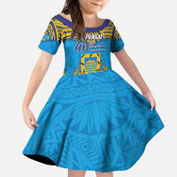 Personalised Tuvalu Independence Day Family Matching Mermaid Dress and Hawaiian Shirt Coat Of Arms With Polynesian Dolphin Tattoo LT05 Daughter's Dress Blue - Polynesian Pride