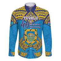 Personalised Tuvalu Independence Day Family Matching Mermaid Dress and Hawaiian Shirt Coat Of Arms With Polynesian Dolphin Tattoo LT05 Dad's Shirt - Long Sleeve Blue - Polynesian Pride