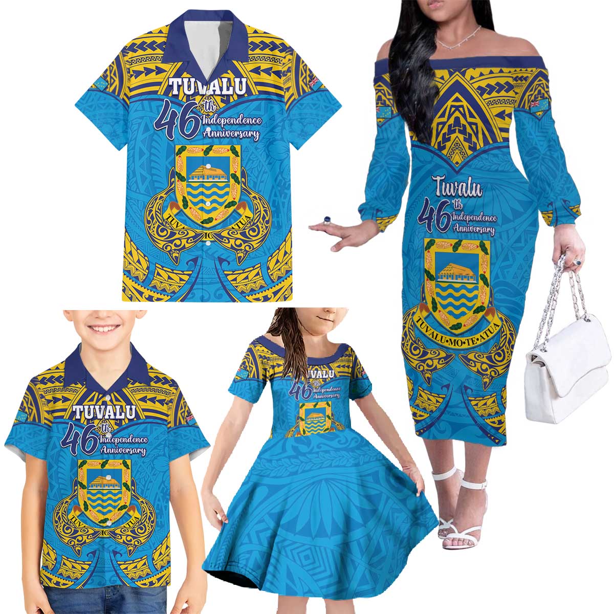 Personalised Tuvalu Independence Day Family Matching Off The Shoulder Long Sleeve Dress and Hawaiian Shirt Coat Of Arms With Polynesian Dolphin Tattoo LT05 - Polynesian Pride