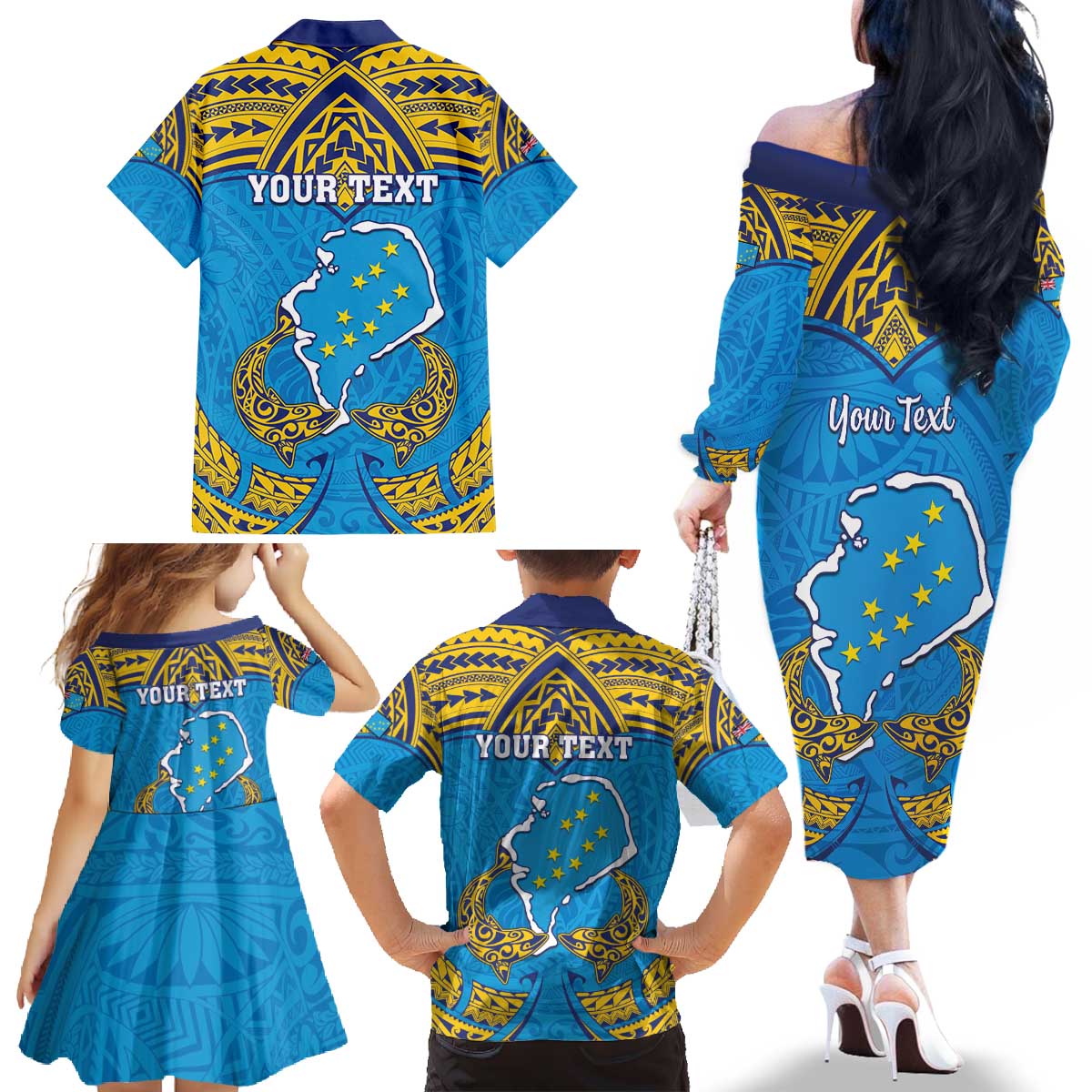 Personalised Tuvalu Independence Day Family Matching Off The Shoulder Long Sleeve Dress and Hawaiian Shirt Coat Of Arms With Polynesian Dolphin Tattoo LT05 - Polynesian Pride