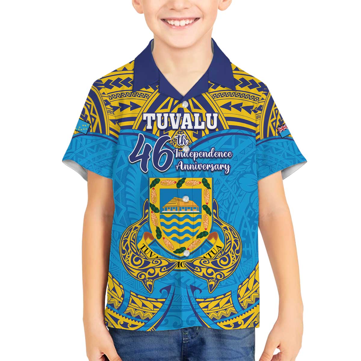 Personalised Tuvalu Independence Day Family Matching Off The Shoulder Long Sleeve Dress and Hawaiian Shirt Coat Of Arms With Polynesian Dolphin Tattoo LT05 Son's Shirt Blue - Polynesian Pride
