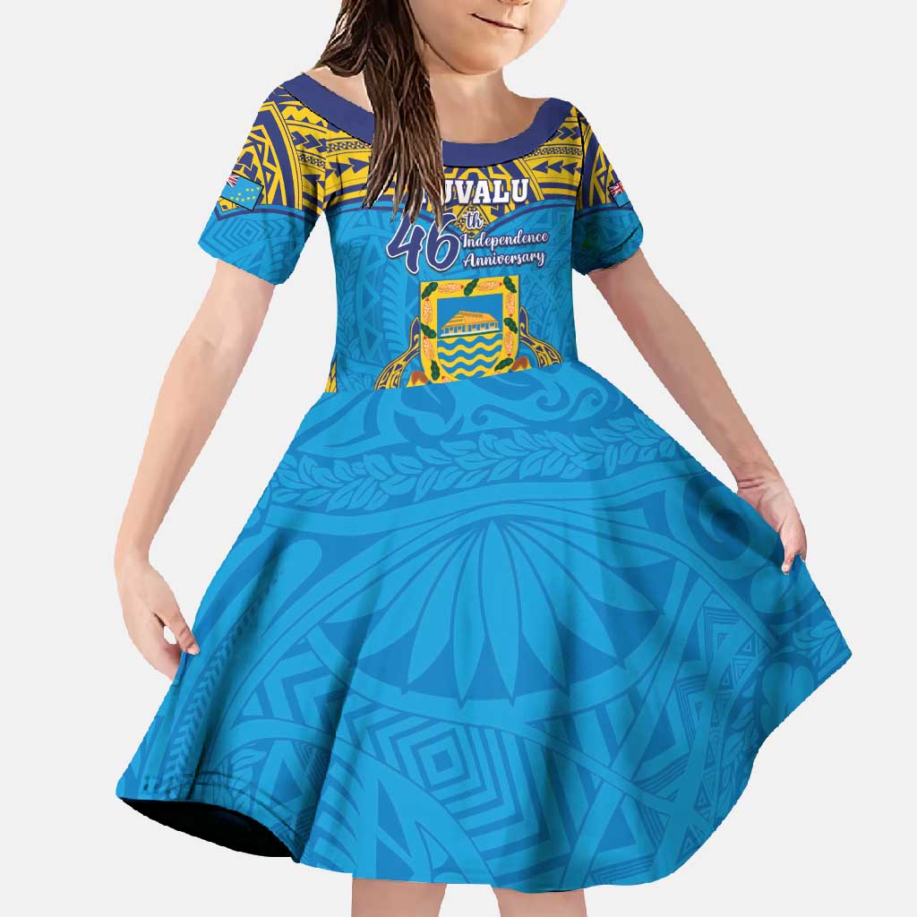 Personalised Tuvalu Independence Day Family Matching Off Shoulder Maxi Dress and Hawaiian Shirt Coat Of Arms With Polynesian Dolphin Tattoo LT05 Daughter's Dress Blue - Polynesian Pride
