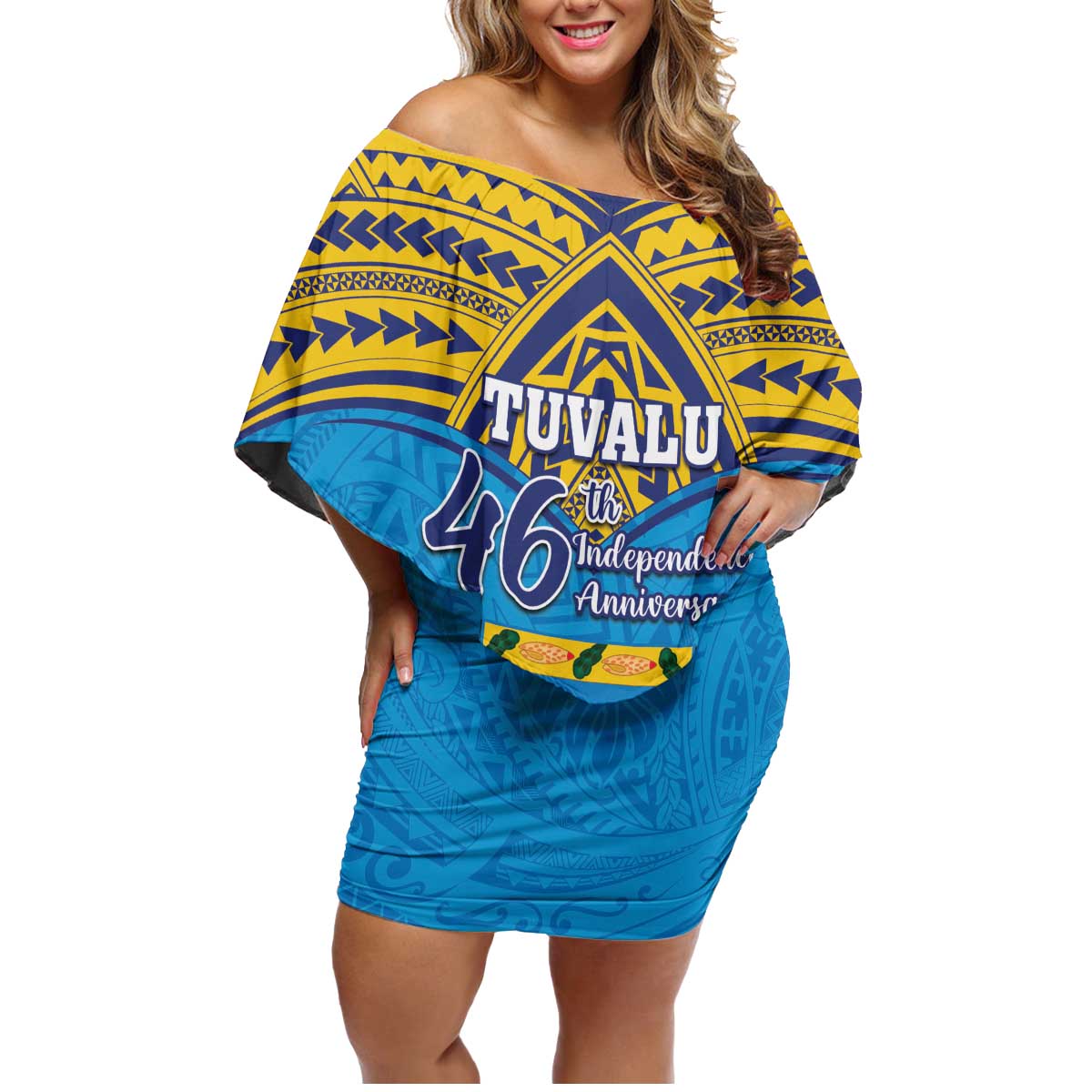 Personalised Tuvalu Independence Day Family Matching Off Shoulder Short Dress and Hawaiian Shirt Coat Of Arms With Polynesian Dolphin Tattoo LT05 Mom's Dress Blue - Polynesian Pride