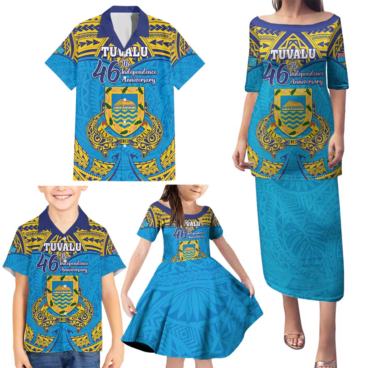 Personalised Tuvalu Independence Day Family Matching Puletasi and Hawaiian Shirt Coat Of Arms With Polynesian Dolphin Tattoo LT05 - Polynesian Pride