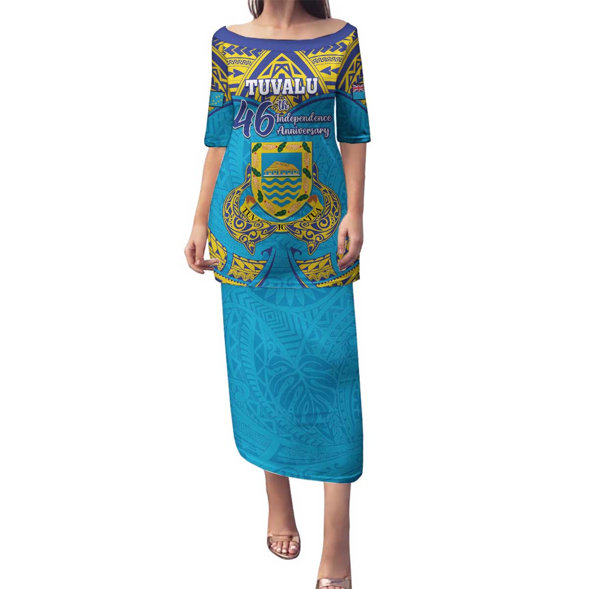 Personalised Tuvalu Independence Day Family Matching Puletasi and Hawaiian Shirt Coat Of Arms With Polynesian Dolphin Tattoo LT05 Mom's Dress Blue - Polynesian Pride