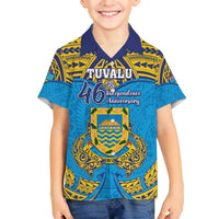 Personalised Tuvalu Independence Day Family Matching Puletasi and Hawaiian Shirt Coat Of Arms With Polynesian Dolphin Tattoo LT05 Son's Shirt Blue - Polynesian Pride