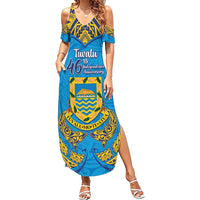 Personalised Tuvalu Independence Day Family Matching Summer Maxi Dress and Hawaiian Shirt Coat Of Arms With Polynesian Dolphin Tattoo LT05 Mom's Dress Blue - Polynesian Pride