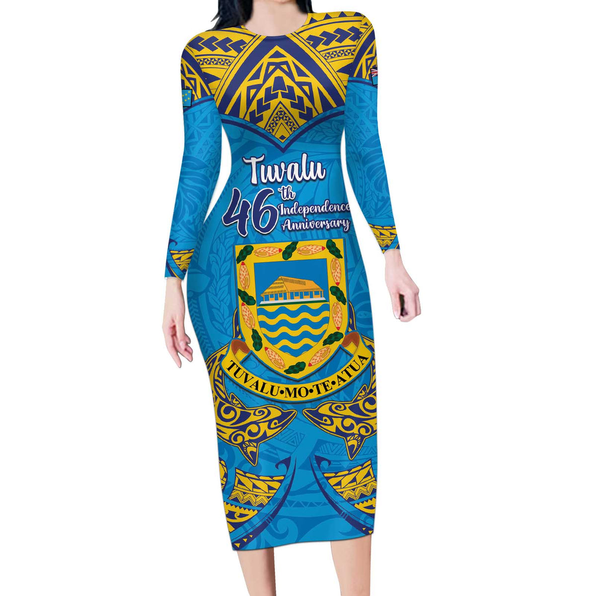 Personalised Tuvalu Independence Day Long Sleeve Bodycon Dress Coat Of Arms With Polynesian Dolphin Tattoo LT05 Long Dress Blue - Polynesian Pride