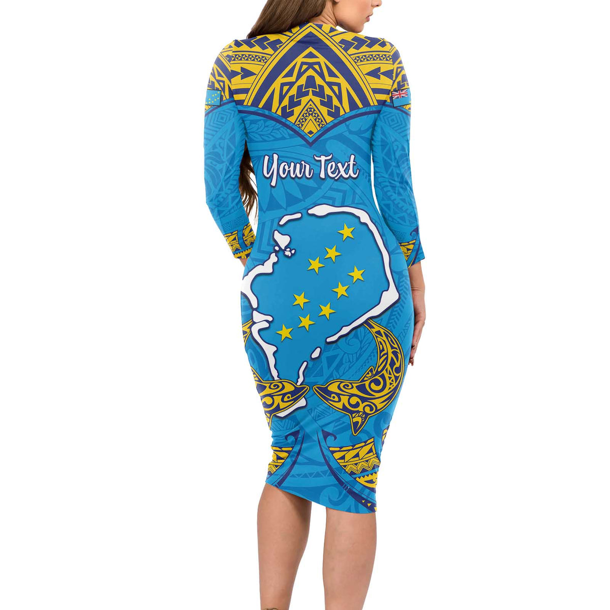 Personalised Tuvalu Independence Day Long Sleeve Bodycon Dress Coat Of Arms With Polynesian Dolphin Tattoo LT05 - Polynesian Pride