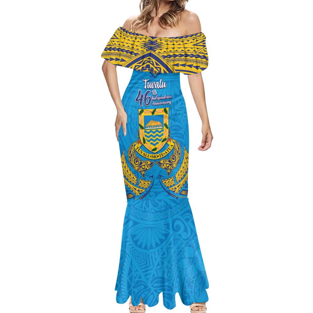 Personalised Tuvalu Independence Day Mermaid Dress Coat Of Arms With Polynesian Dolphin Tattoo