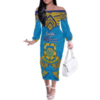 Personalised Tuvalu Independence Day Off The Shoulder Long Sleeve Dress Coat Of Arms With Polynesian Dolphin Tattoo LT05 Women Blue - Polynesian Pride