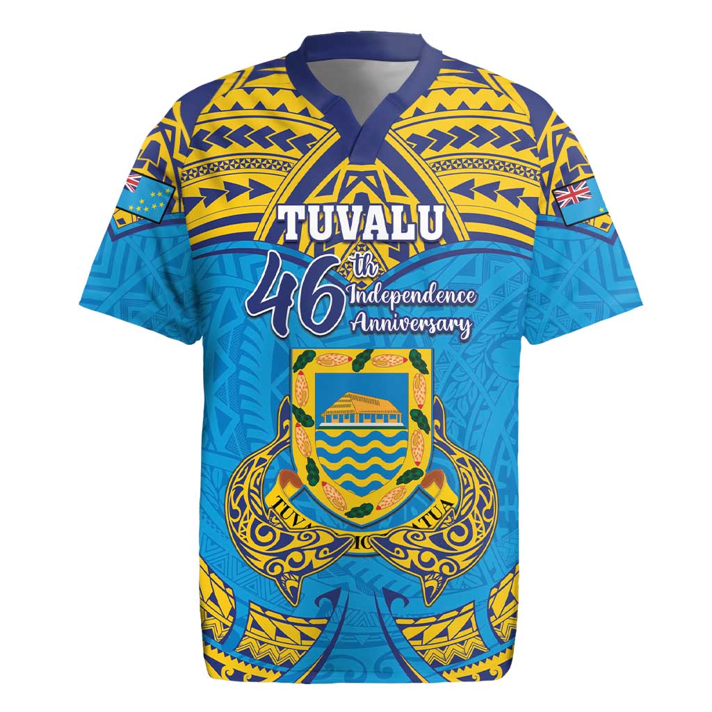 Personalised Tuvalu Independence Day Rugby Jersey Coat Of Arms With Polynesian Dolphin Tattoo