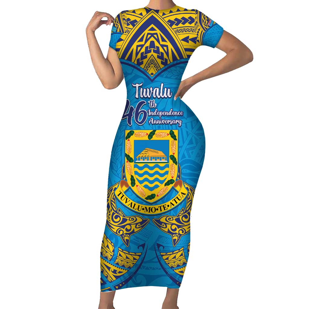 Personalised Tuvalu Independence Day Short Sleeve Bodycon Dress Coat Of Arms With Polynesian Dolphin Tattoo LT05 Long Dress Blue - Polynesian Pride