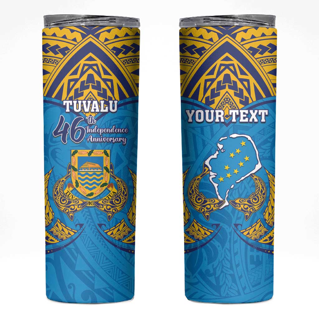 Personalised Tuvalu Independence Day Skinny Tumbler Coat Of Arms With Polynesian Dolphin Tattoo LT05 Blue - Polynesian Pride