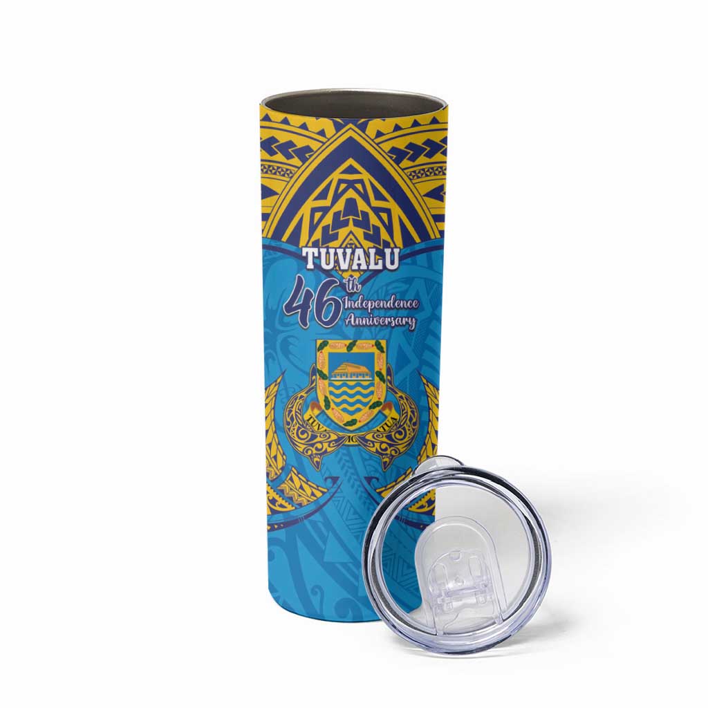 Personalised Tuvalu Independence Day Skinny Tumbler Coat Of Arms With Polynesian Dolphin Tattoo LT05 - Polynesian Pride
