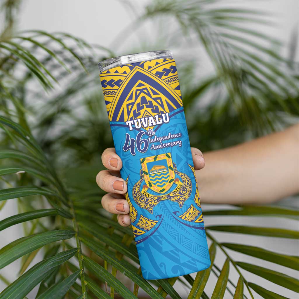 Personalised Tuvalu Independence Day Skinny Tumbler Coat Of Arms With Polynesian Dolphin Tattoo LT05 - Polynesian Pride