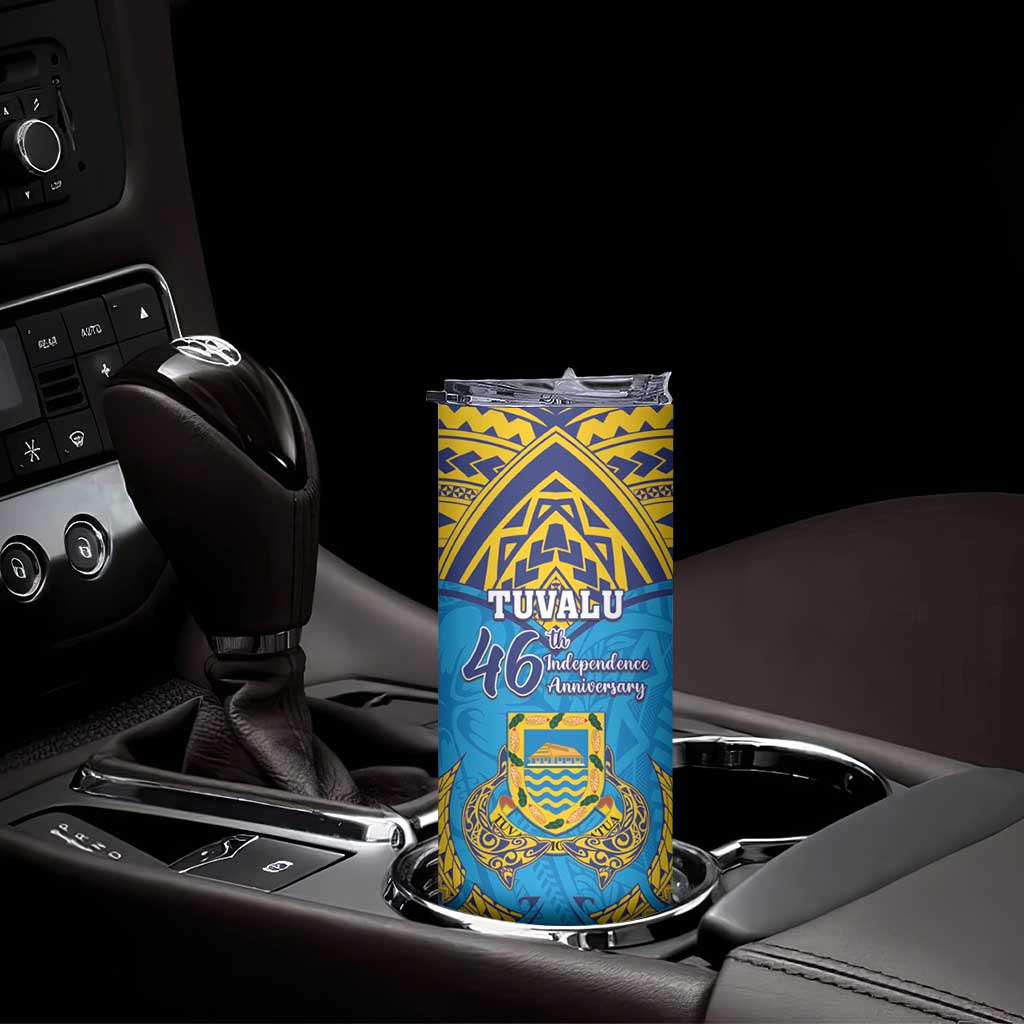Personalised Tuvalu Independence Day Skinny Tumbler Coat Of Arms With Polynesian Dolphin Tattoo LT05 - Polynesian Pride