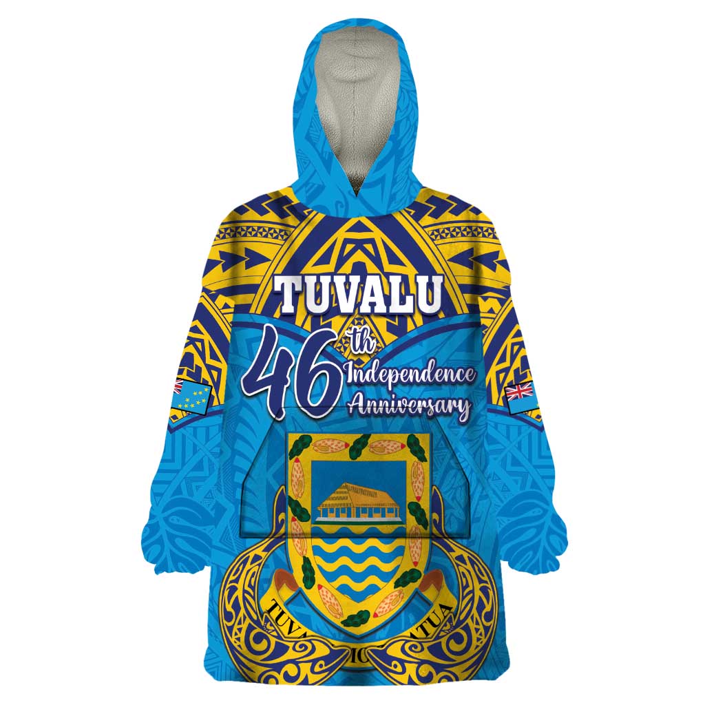 Personalised Tuvalu Independence Day Wearable Blanket Hoodie Coat Of Arms With Polynesian Dolphin Tattoo LT05 One Size Blue - Polynesian Pride