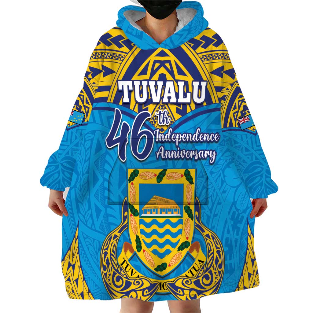 Personalised Tuvalu Independence Day Wearable Blanket Hoodie Coat Of Arms With Polynesian Dolphin Tattoo LT05 - Polynesian Pride