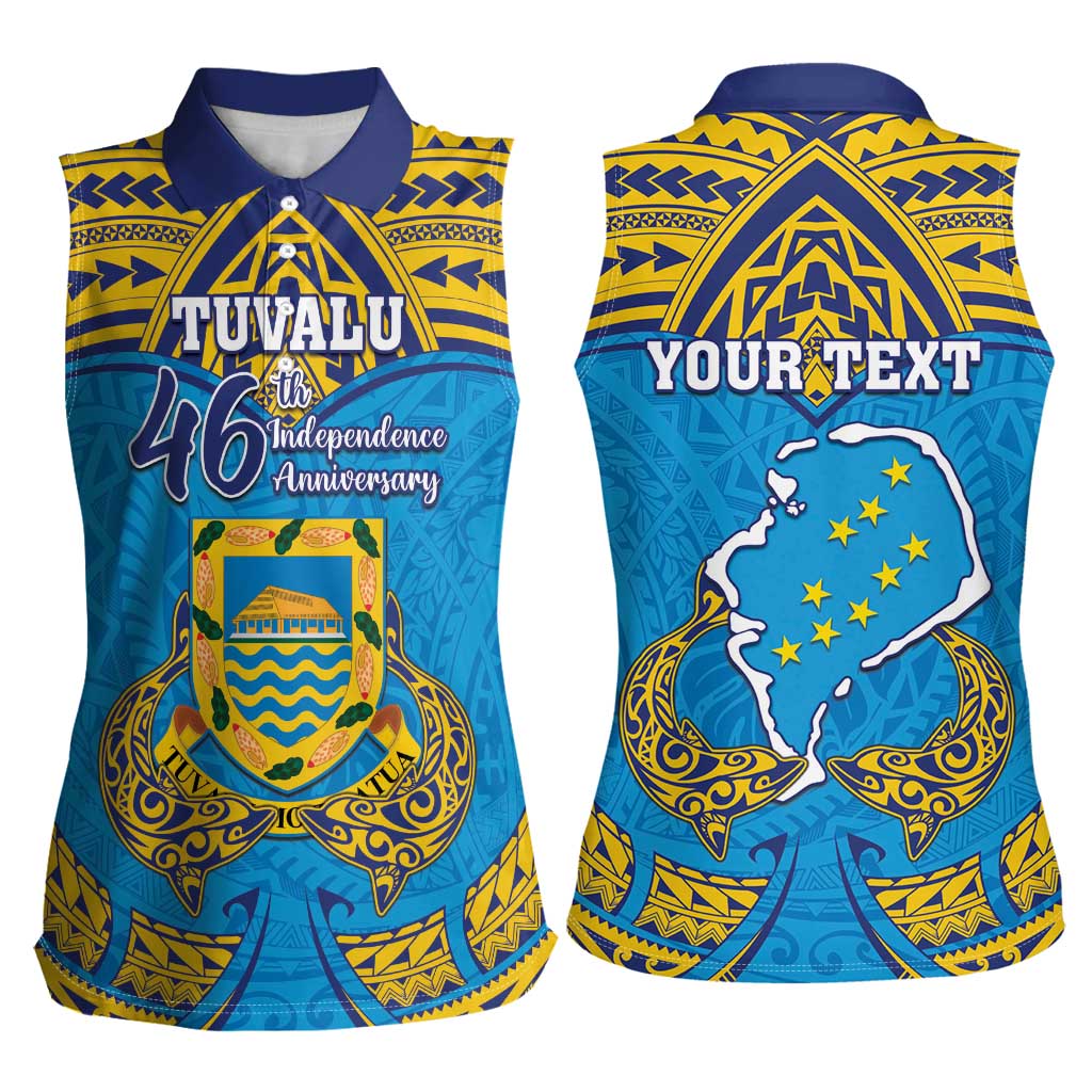 Personalised Tuvalu Independence Day Women Sleeveless Polo Shirt Coat Of Arms With Polynesian Dolphin Tattoo LT05 - Polynesian Pride