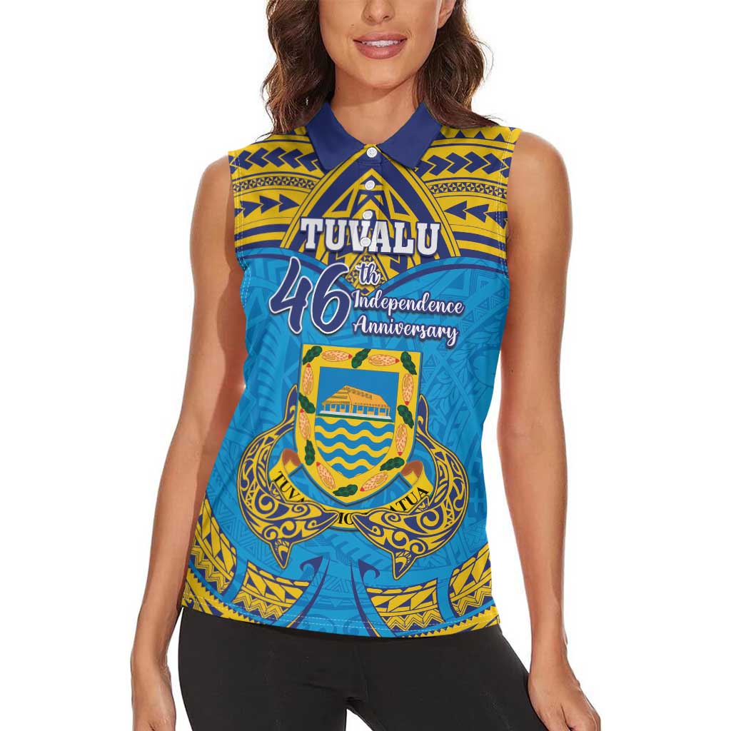 Personalised Tuvalu Independence Day Women Sleeveless Polo Shirt Coat Of Arms With Polynesian Dolphin Tattoo LT05 - Polynesian Pride