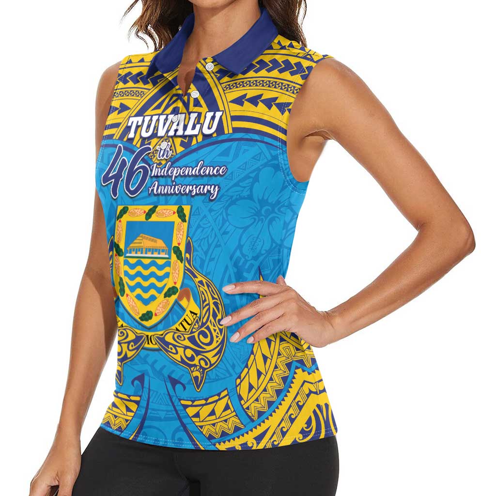 Personalised Tuvalu Independence Day Women Sleeveless Polo Shirt Coat Of Arms With Polynesian Dolphin Tattoo LT05 - Polynesian Pride