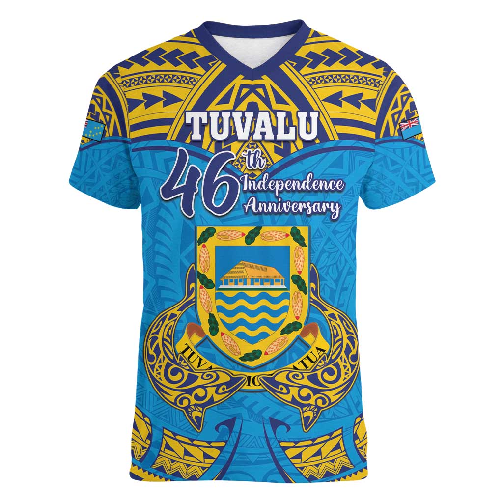 Personalised Tuvalu Independence Day Women V-Neck T-Shirt Coat Of Arms With Polynesian Dolphin Tattoo LT05 Female Blue - Polynesian Pride