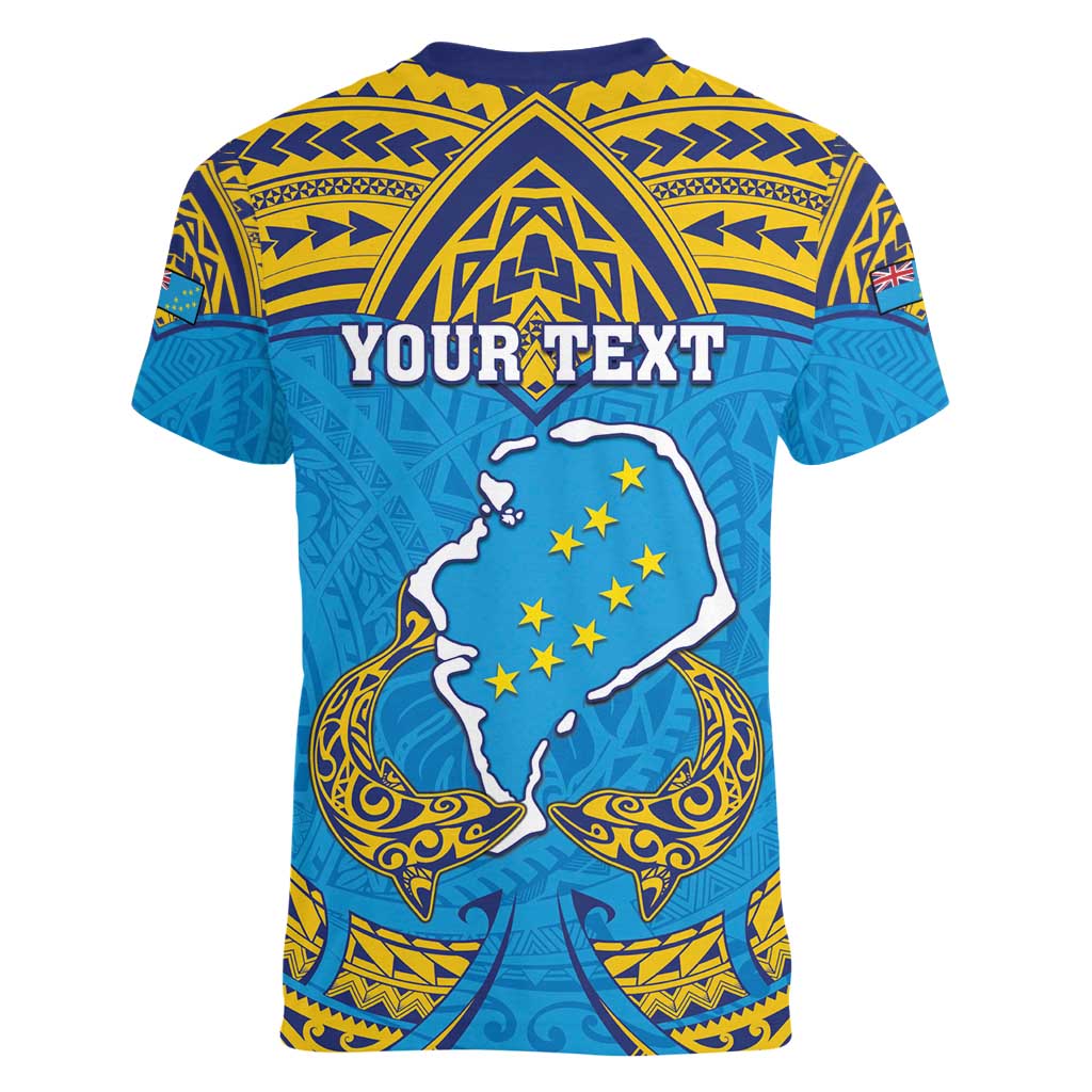 Personalised Tuvalu Independence Day Women V-Neck T-Shirt Coat Of Arms With Polynesian Dolphin Tattoo LT05 - Polynesian Pride