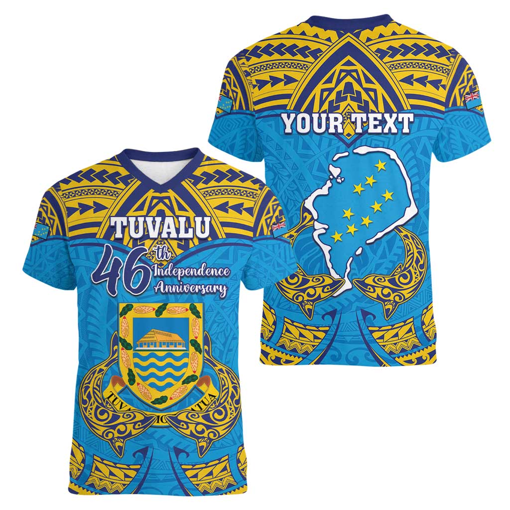 Personalised Tuvalu Independence Day Women V-Neck T-Shirt Coat Of Arms With Polynesian Dolphin Tattoo LT05 - Polynesian Pride