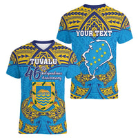 Personalised Tuvalu Independence Day Women V-Neck T-Shirt Coat Of Arms With Polynesian Dolphin Tattoo LT05 - Polynesian Pride