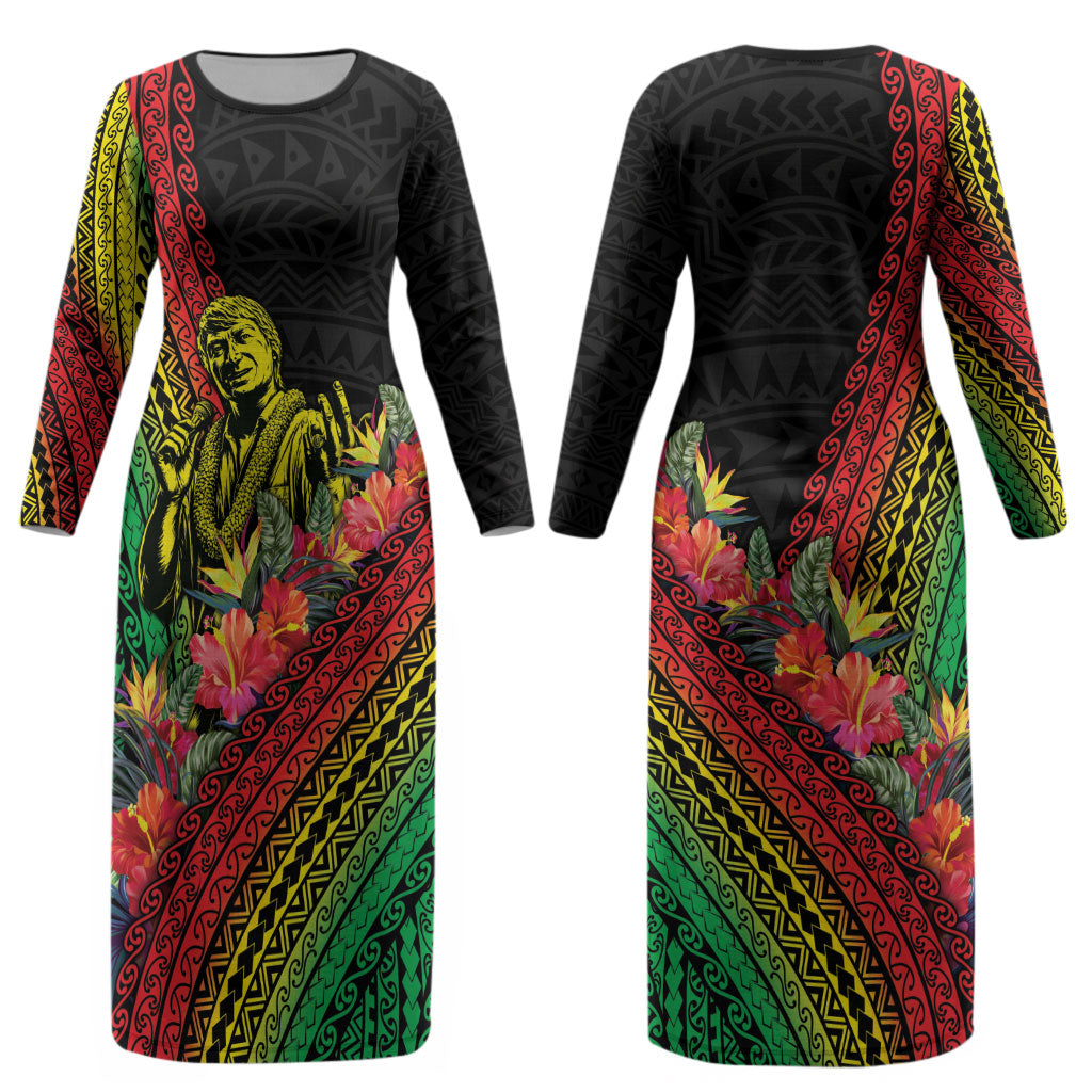 Retro Hawaiian Singer Couples Matching Long Sleeve Bodycon Dress and Long Sleeve Button Shirt Polynesian Style Tropical Flowers LT05 - Polynesian Pride
