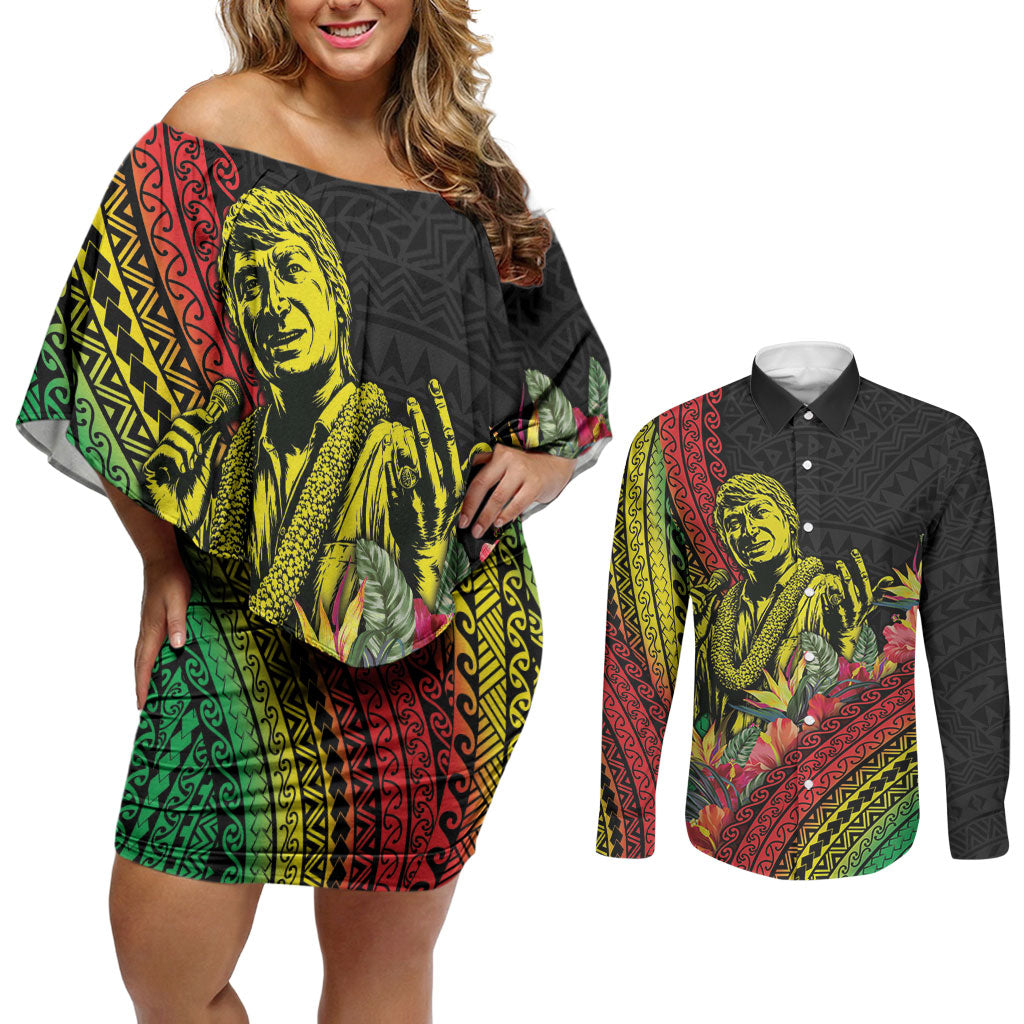 Retro Hawaiian Singer Couples Matching Off Shoulder Short Dress and Long Sleeve Button Shirt Polynesian Style Tropical Flowers LT05 Black - Polynesian Pride