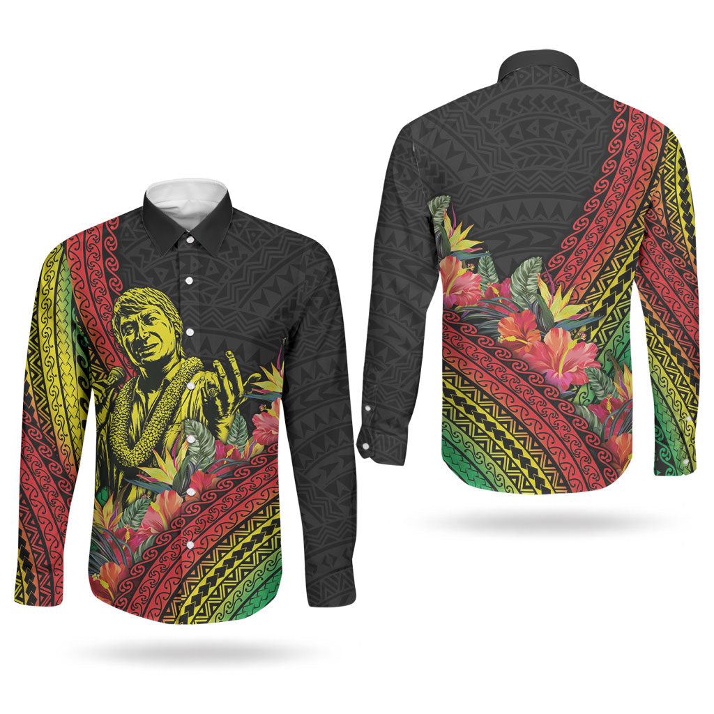 Retro Hawaiian Singer Couples Matching Off Shoulder Short Dress and Long Sleeve Button Shirt Polynesian Style Tropical Flowers LT05 - Polynesian Pride