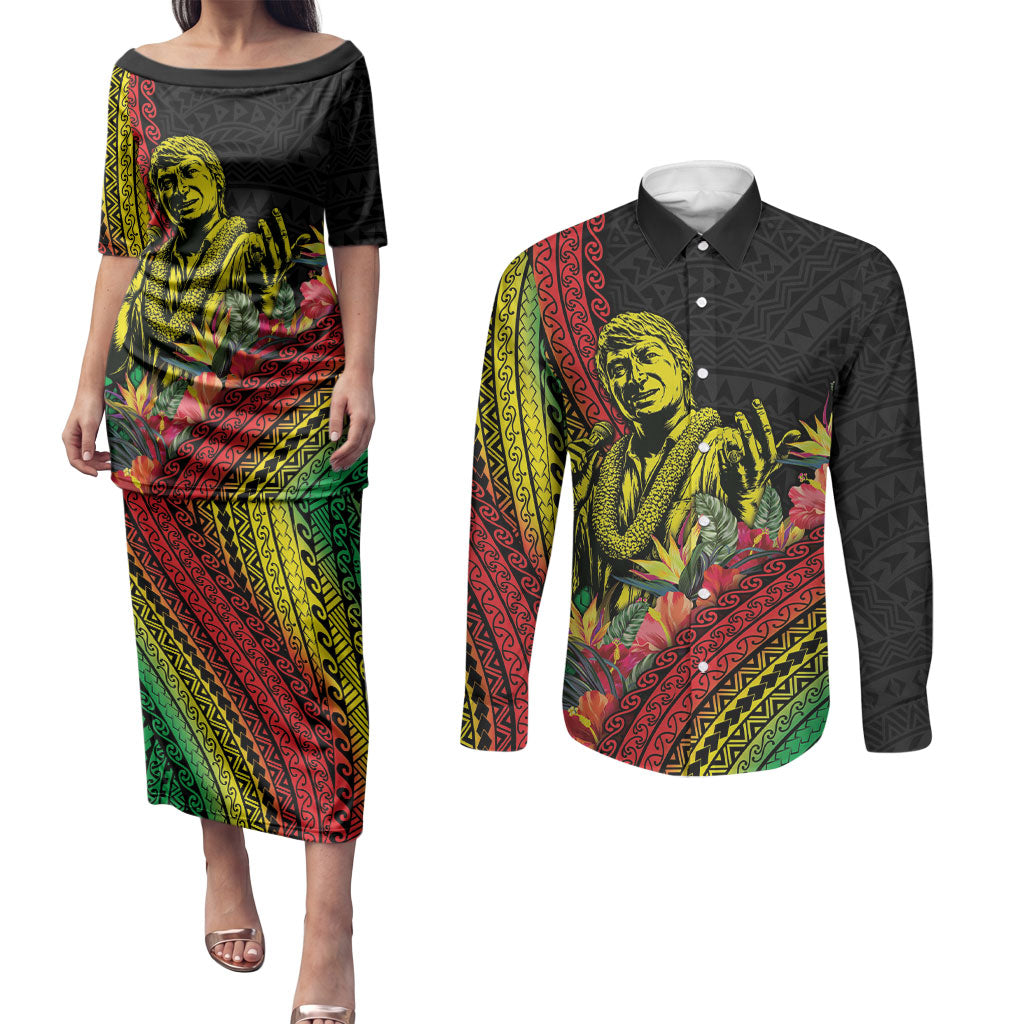 Retro Hawaiian Singer Couples Matching Puletasi and Long Sleeve Button Shirt Polynesian Style Tropical Flowers LT05 Black - Polynesian Pride