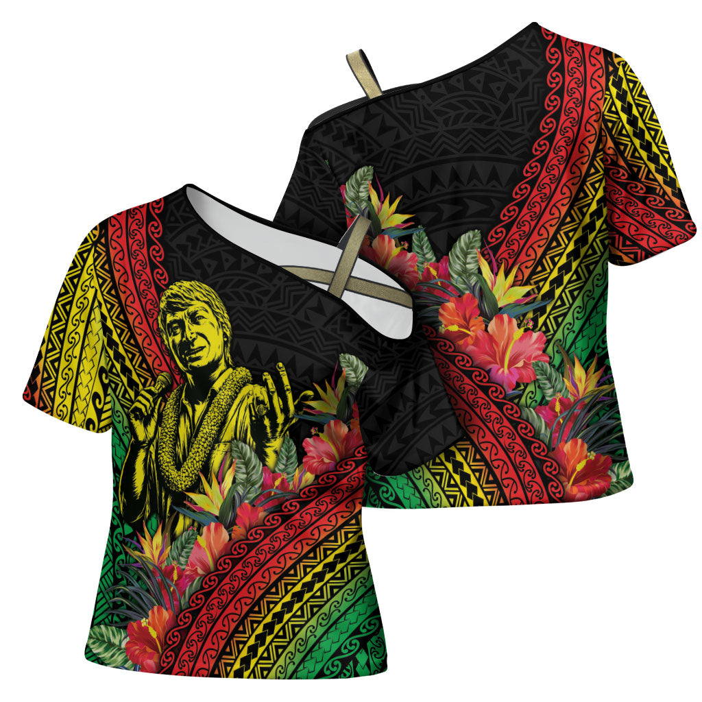 Retro Hawaiian Singer Cross Shoulder Shirt Polynesian Style Tropical Flowers LT05 - Polynesian Pride