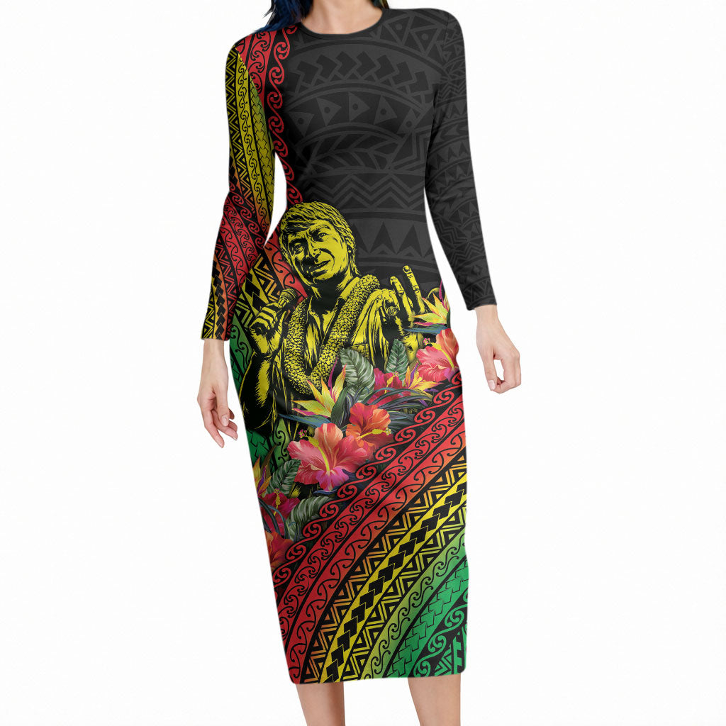 Retro Hawaiian Singer Long Sleeve Bodycon Dress Polynesian Style Tropical Flowers LT05 Long Dress Black - Polynesian Pride
