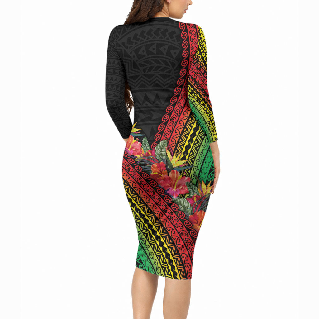 Retro Hawaiian Singer Long Sleeve Bodycon Dress Polynesian Style Tropical Flowers LT05 - Polynesian Pride