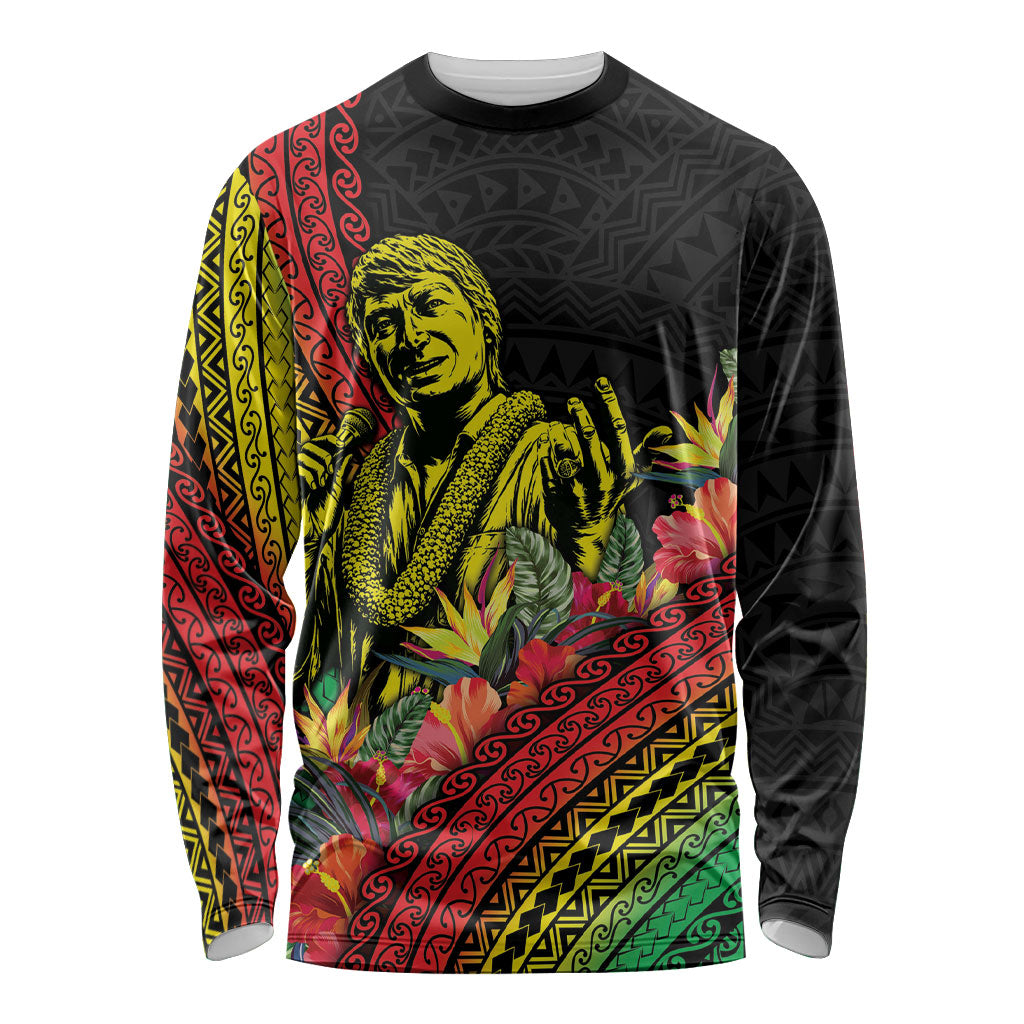Retro Hawaiian Singer Long Sleeve Shirt Polynesian Style Tropical Flowers LT05 Unisex Black - Polynesian Pride