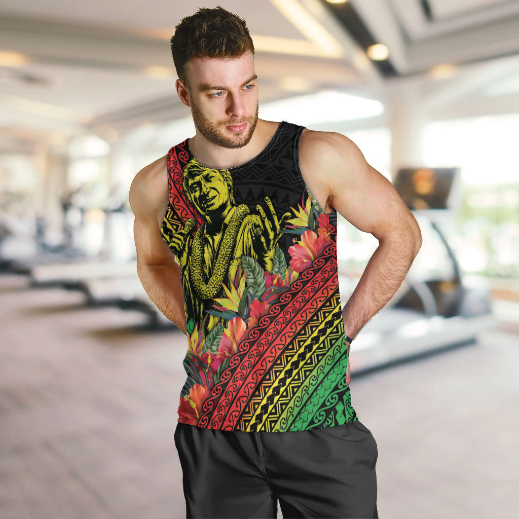 Retro Hawaiian Singer Men Tank Top Polynesian Style Tropical Flowers LT05 Black - Polynesian Pride